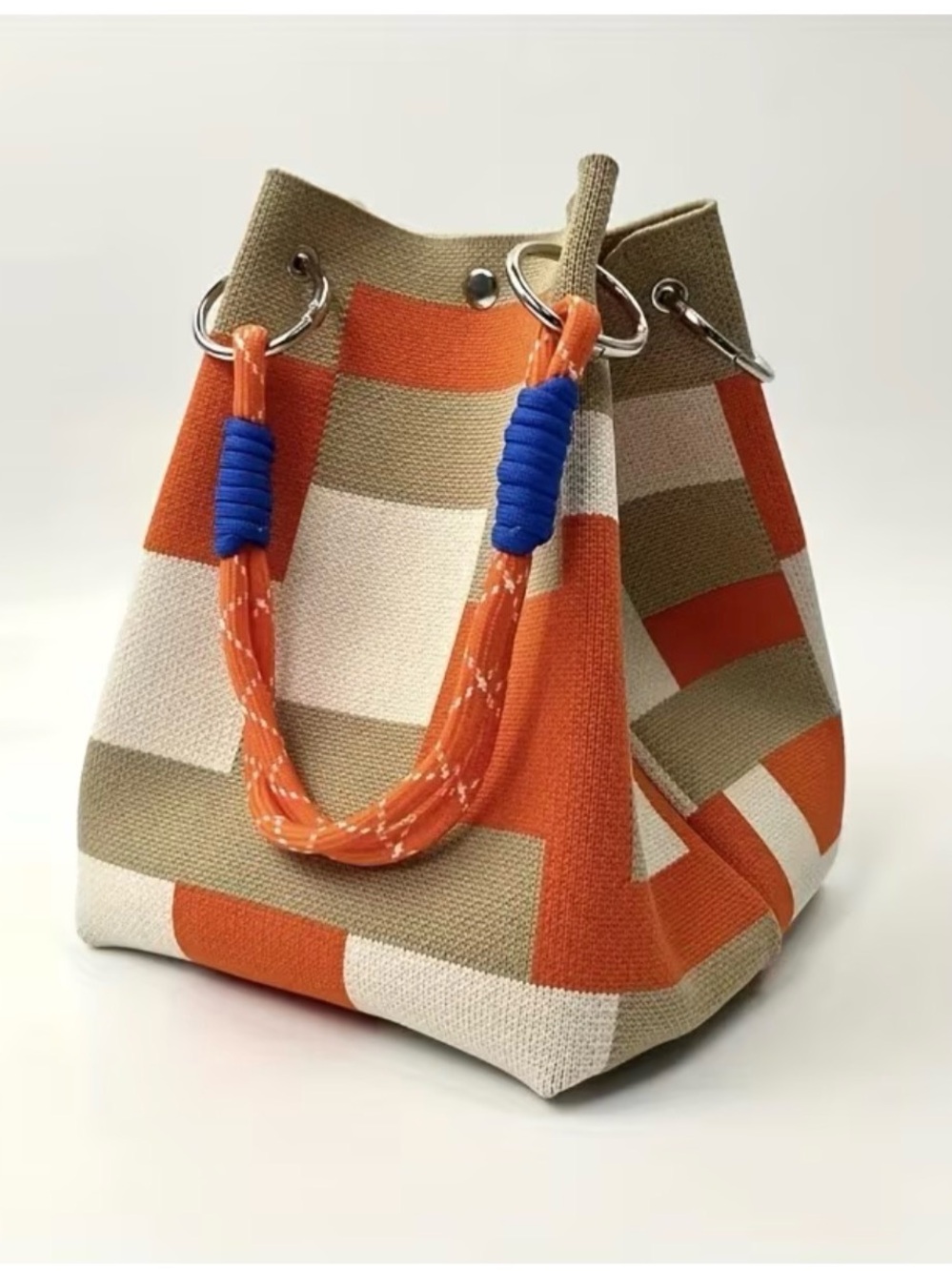 Block Print Knit Tote Bag with Rope Handles